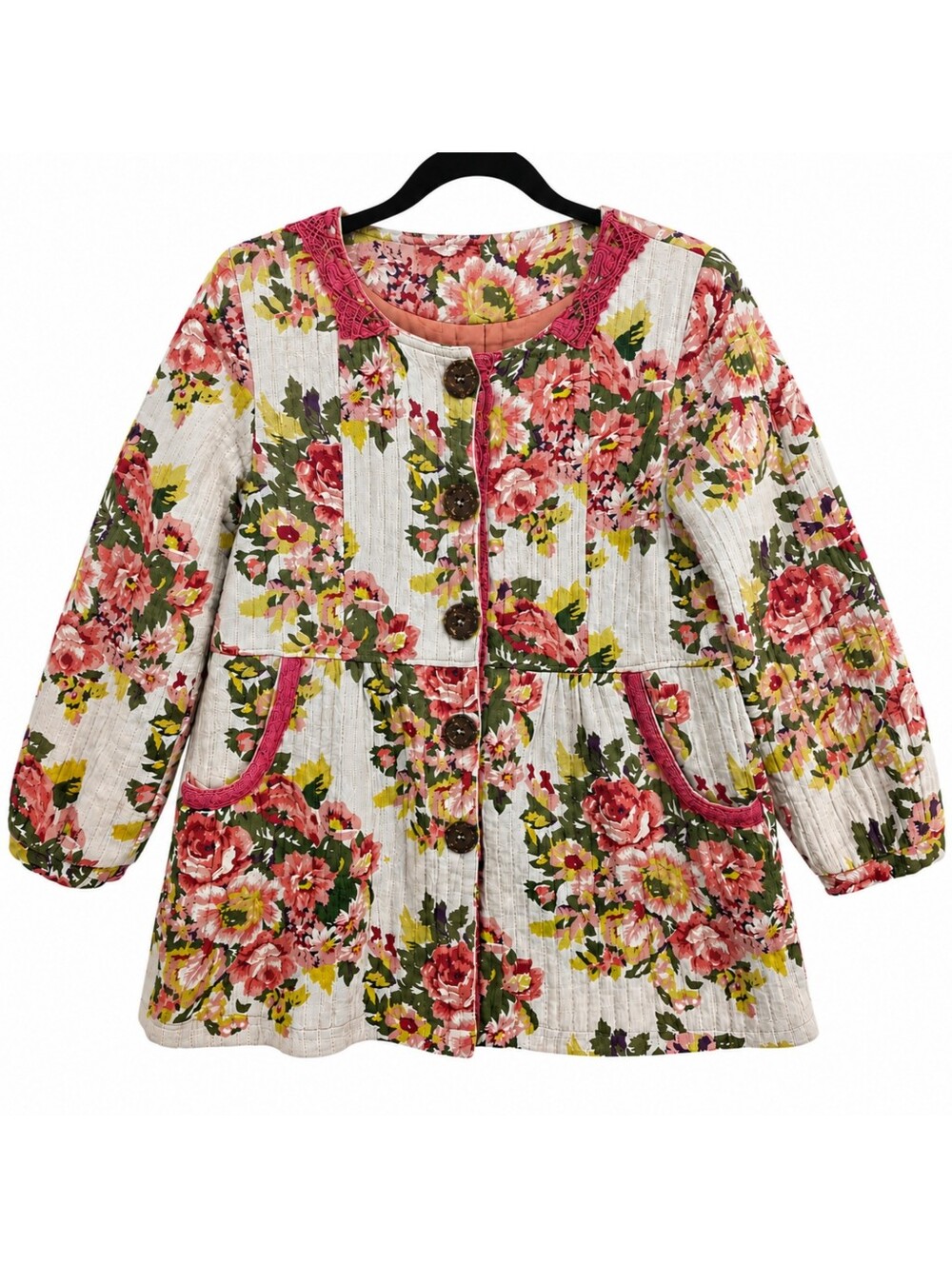 Vintage Maid Quilted Rose Floral Cotton Jacket Cottagecore Boho Lace Trim M